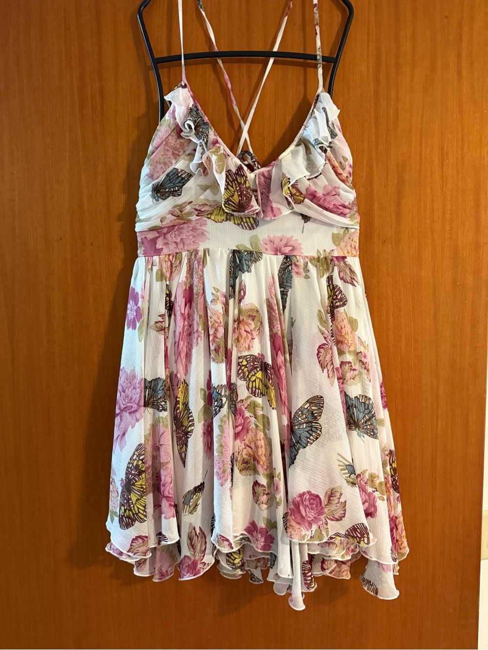 Floral & Butterfly Flowy, Spaghetti-Strap Mini Dress